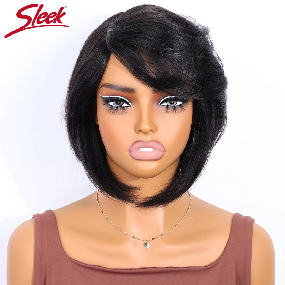 Sleek Peruvian Short Straight Bob Human Hair Wigs With Bangs Full Machine Made Side Part  F1B/30 Human Hair Wigs For Black Women