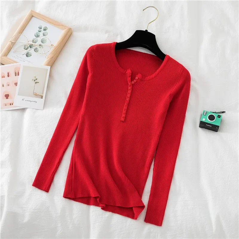 Korea Autumn Winter Button V Neck Sweater Women Basic Slim Pullover Women Sweaters And Pullovers Knit Jumper Soft Warm Tops