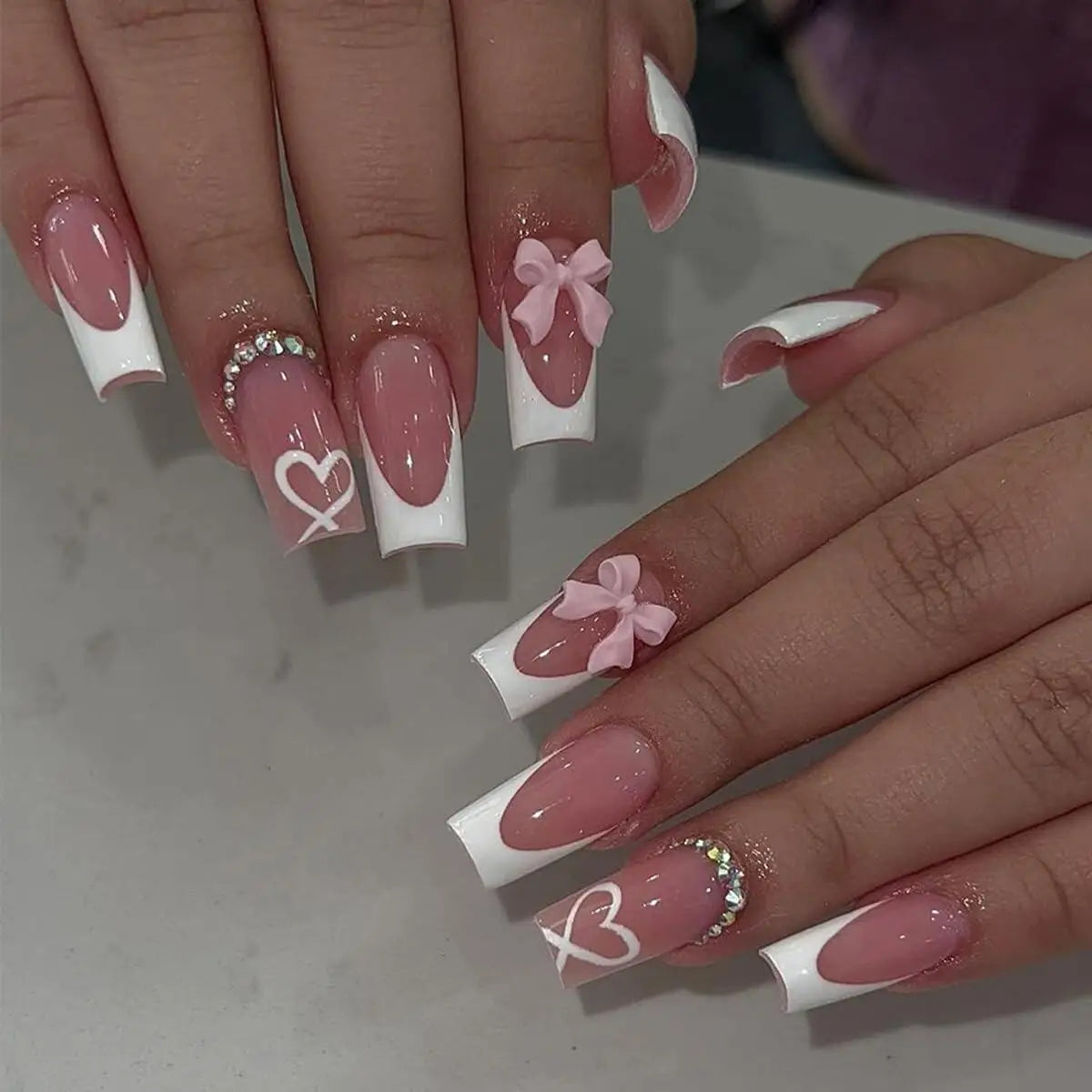 24PCS- Coffin nail plate, 3D 3D pink bow, pink flower pattern decoration, rhinestone setting, suitable for fashionable girls