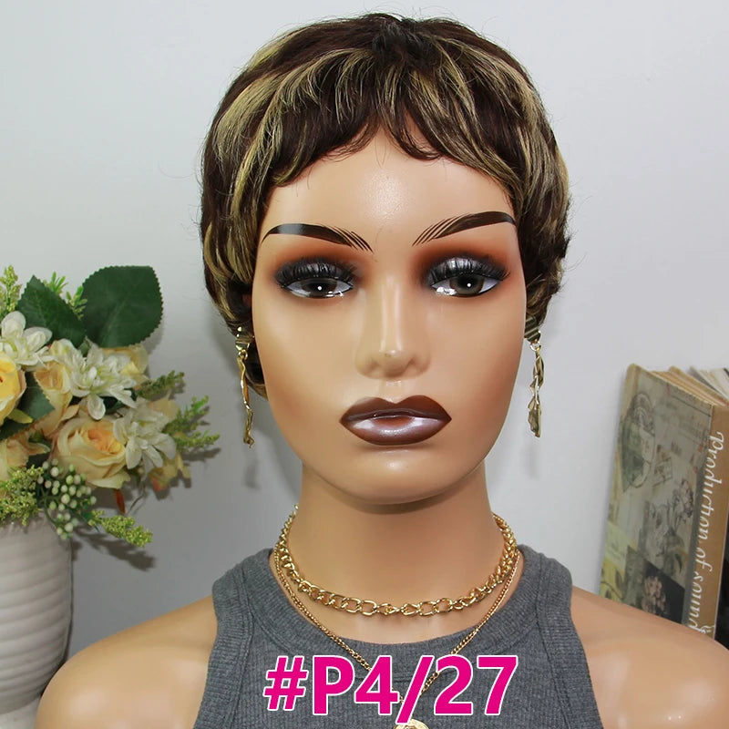 Pixie Cut Human Hair Wigs Short Wigs for Women Color 30 Layered Pixie Wig With Bangs Blonde Full Machine Made Wig On Sale