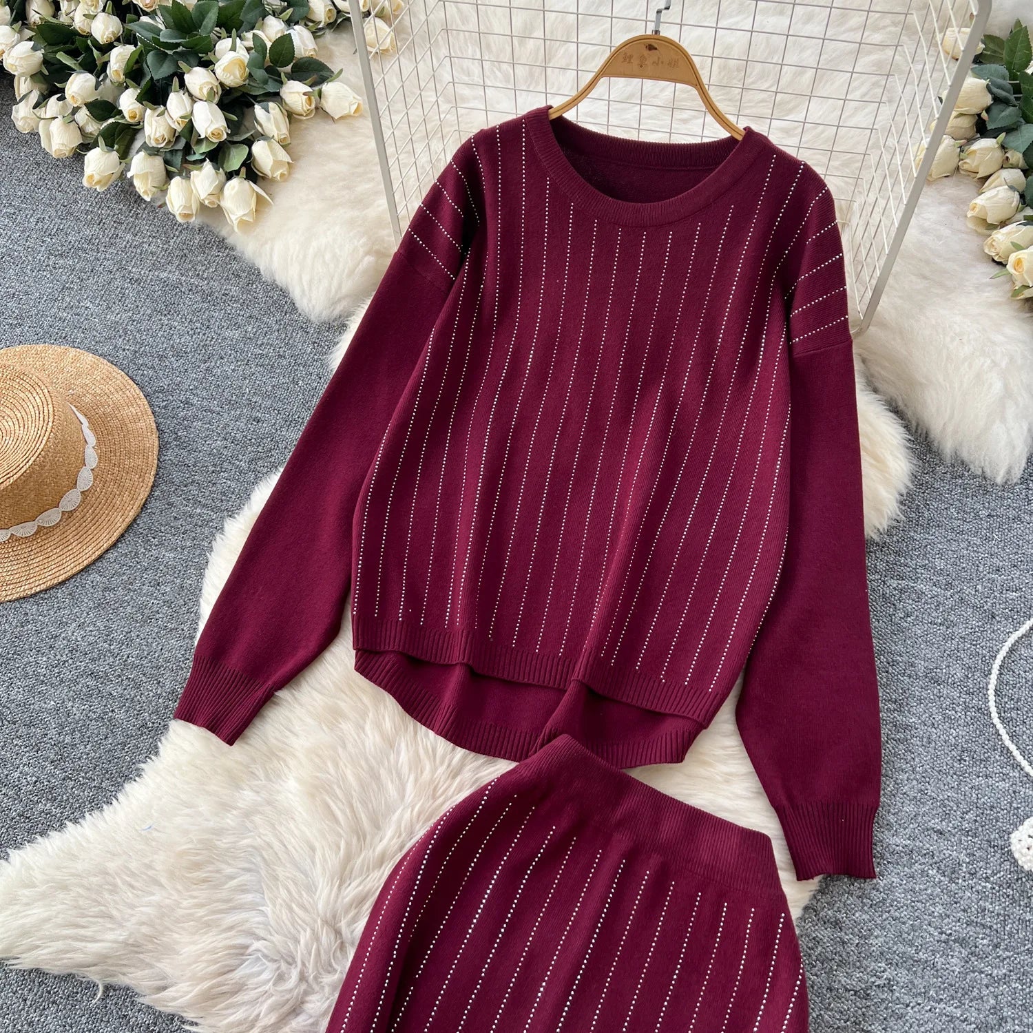 Women Skirt Sets Two Piece Sweater Set Full Sleeve Knit Tops Dress Sets Wrap Hip Skirts Casual Top Diamonds Spliced Autumn 2025