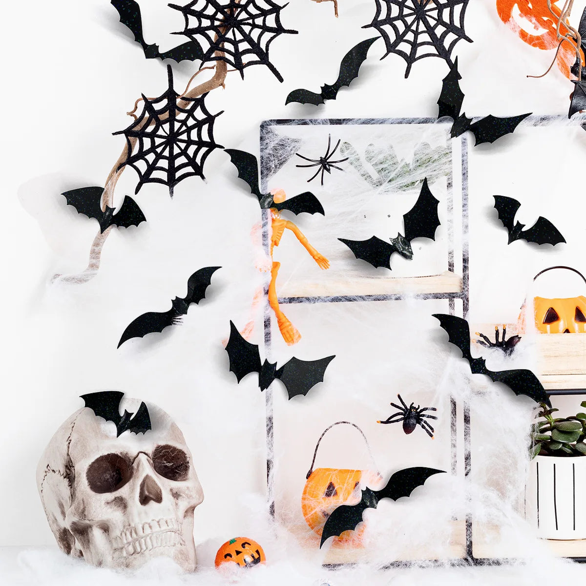 12pcs Halloween Skull Butterfly Bat Sticker 3D Double-Layer Wall Decals Haunted House Scary Prop Halloween Party Home Decoration