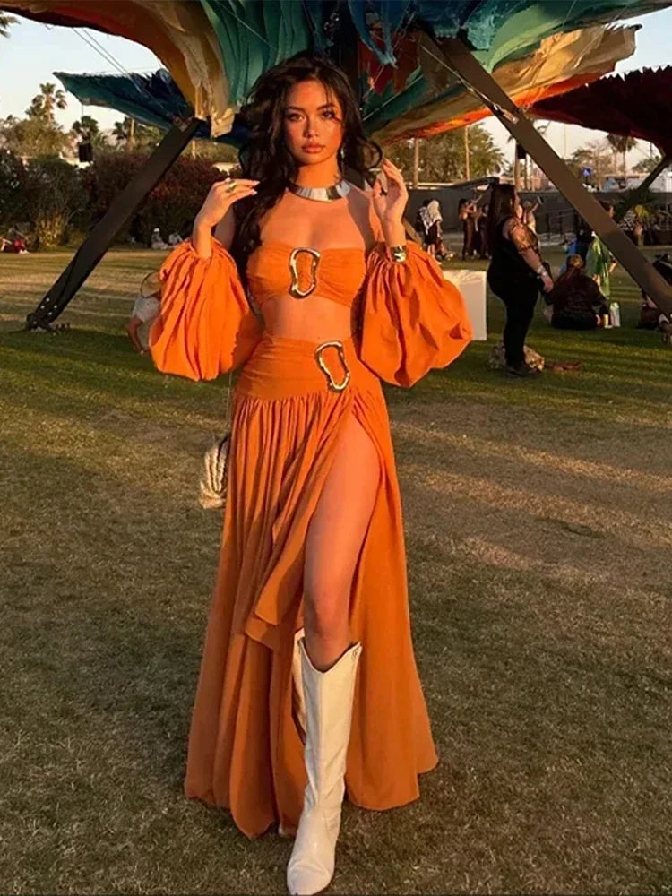 Sexy Bikini Top Skirt Set Women Long Lantern Sleeve Off Shoulder Cropped Tops Pleated Split Skirts 2025 Summer Lady Beach Outfit