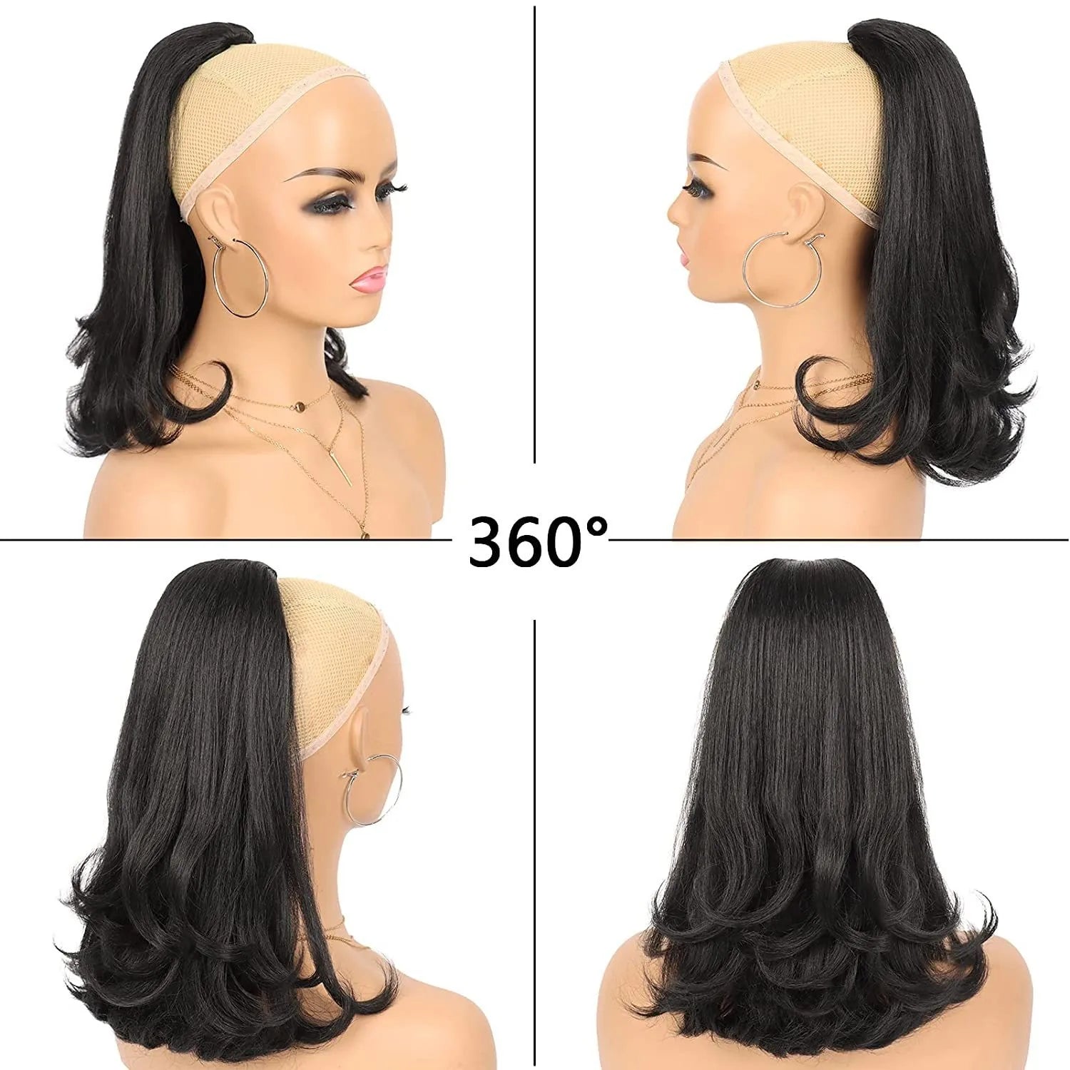 Synthetic 16" Nature Black Drawstring Yaki Straight Ponytail Hair Extensions Tail Warping Pieces for Black Women Daily Party Use