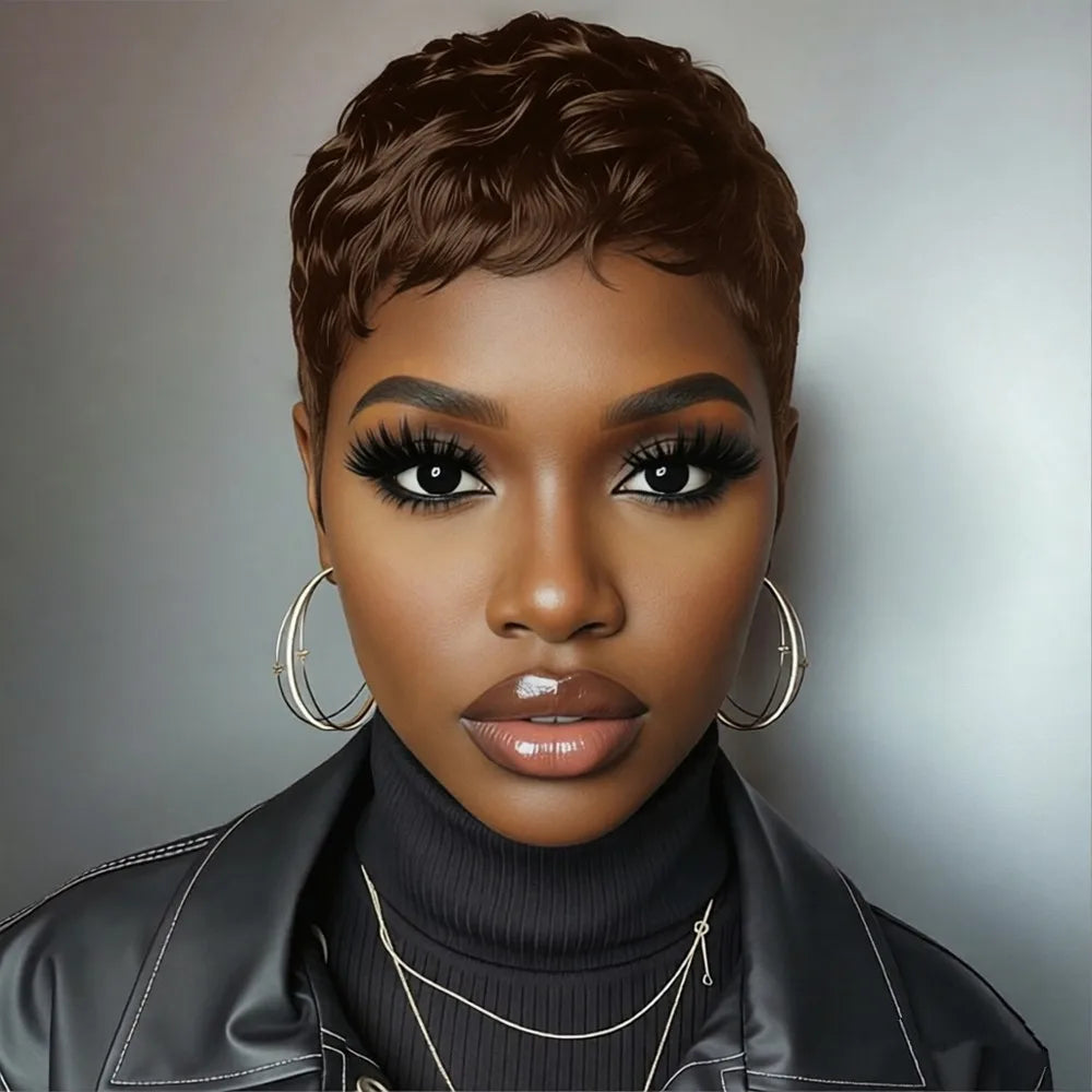 4inch short straight layered 150% density human hair wig machine made brown back burgundy pixie cut human hair wig