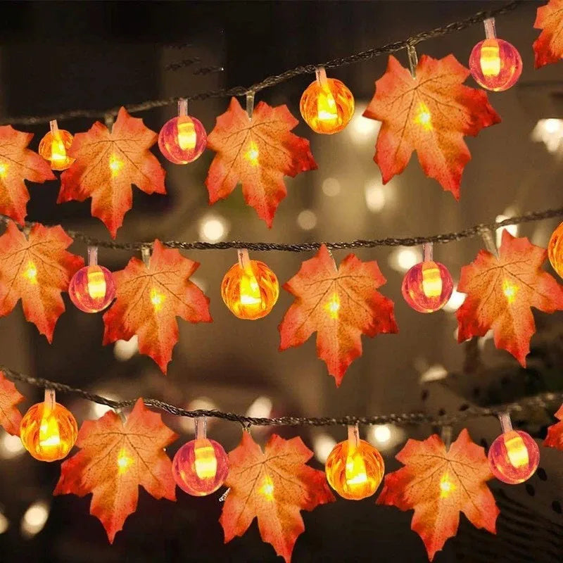 1.5M Fall Garland with Pumpkin Lights Halloween Decoration Maples Leaves String Lights Fall Light Thanksgiving party home decor