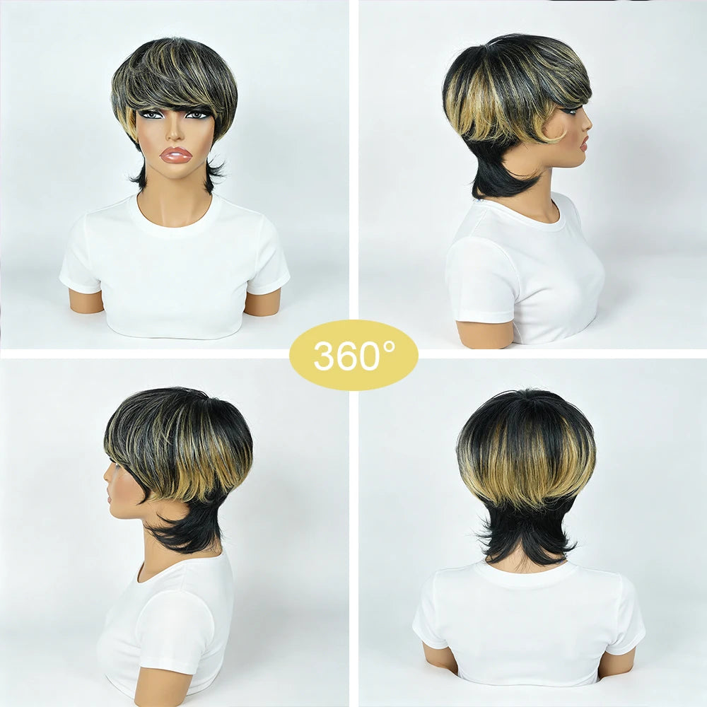 Black Blonde Highlight Layered Mullet Pixie Human Hair Wig with Bangs, Highlighted Black Blonde Feathered Mullet Pixie Cut Wig with Side Swept Fringes, Full Machine Made Spiky Tail Nape Style for Daily Work & Events