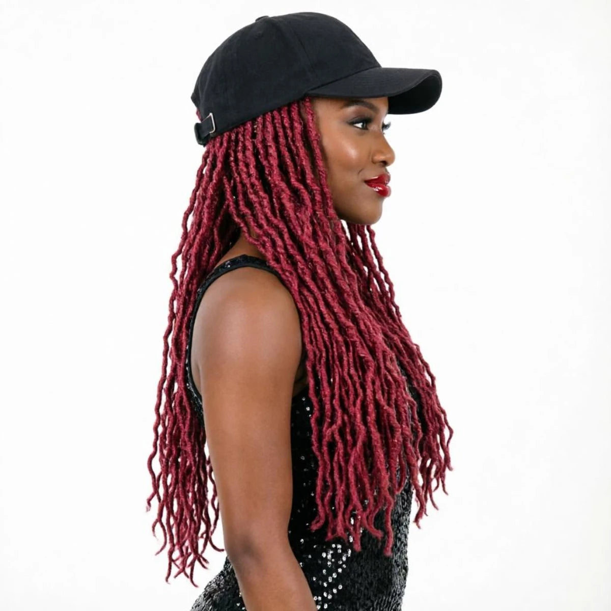 Peluca de gorra con trenzas tipo locs color borgoña