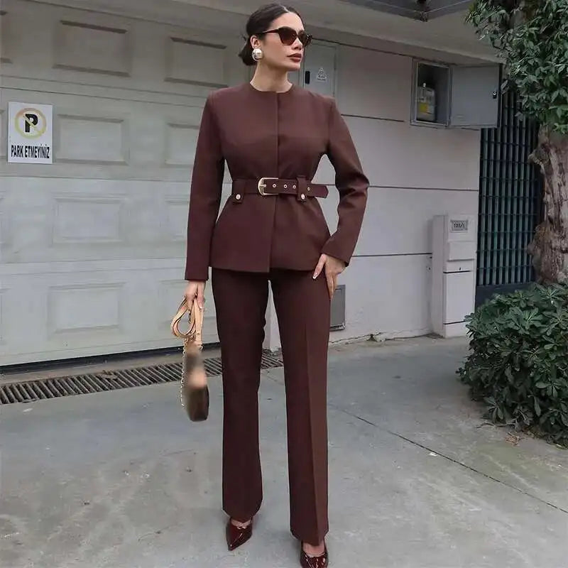 Elegant Women's Trouser Suits Long Sleeve O-Neck Top With Belt Solid Wide Leg Pants Female Suit 2025 Spring 2 Pieces Set Women
