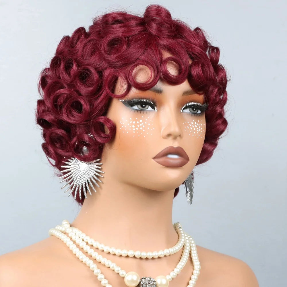 Short Layered Pixie Cut Curly Wigs With Bangs Human Hair Wigs For Black Women Short Curly Pixie Cut Wig Human Hair Machine Made