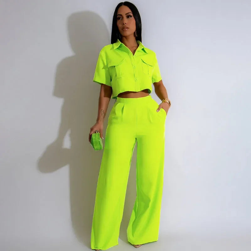 Conjuntos de pantalón elegante sólido de mujer, atuendo de 2 piezas para verano 2024, top de camisa con botones, cuello vuelto y bolsillos, y traje de pantalones de pierna ancha