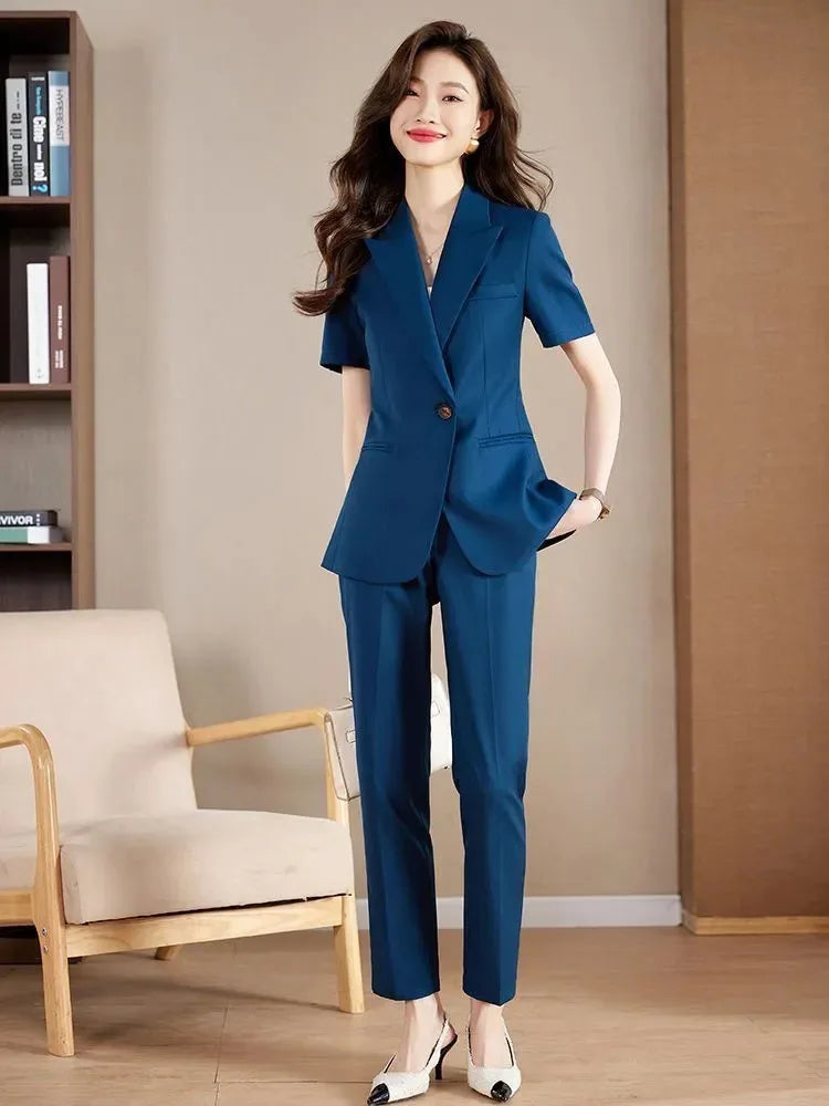Women Formal Suits 2 Pieces Sets Elegant Slim Short Sleeve Cardigan Tops Conjuntos Summer Ol High Waist Pencil Pants Ensembles
