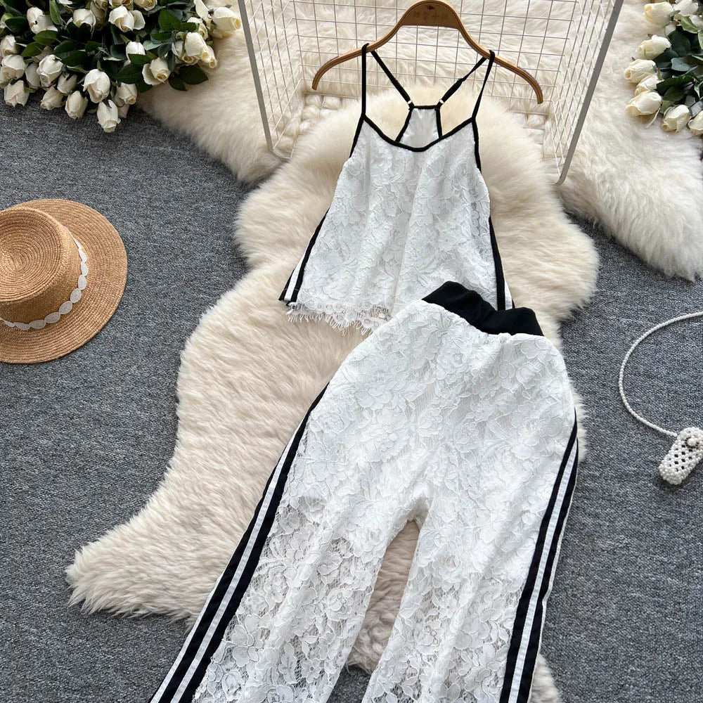 Women Two Pieces Sets Spliced lace Off Shoulder Slip Top and Fashion Hotsweet High Waist Elastic Waist  Wide Leg Pant Sets