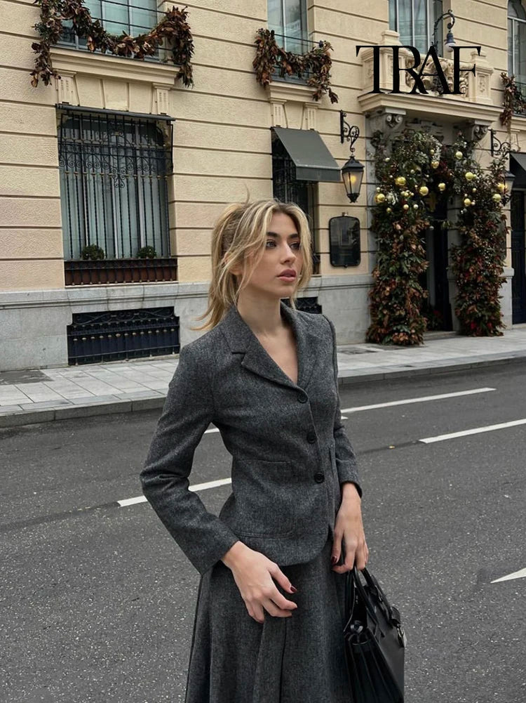 TRAF Women Fashion Casual Commuter Suit Skirt Suit Autumn and Winter Single-breasted Suit Jacket High-waisted A-line Skirt Suit