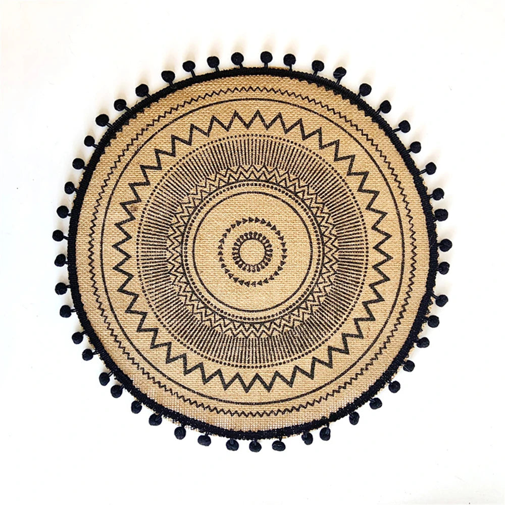 Vintage Pastoral Round Cotton Linen Placemats Handwoven Jute Tassels Placemats Soft Non-slip Table Pads Vase Mats Accessories