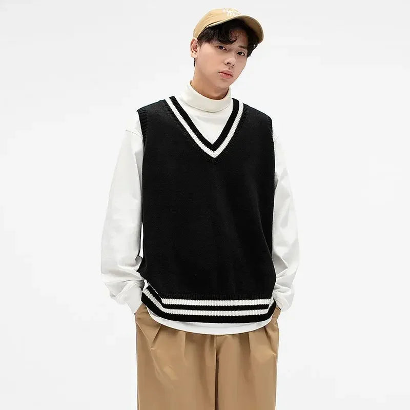 Knit Vests for Men V Neck Casual Vintage Sweater Man Korean Style Original Aesthetic Popular Clothes New In Y2k Open Waistcoat