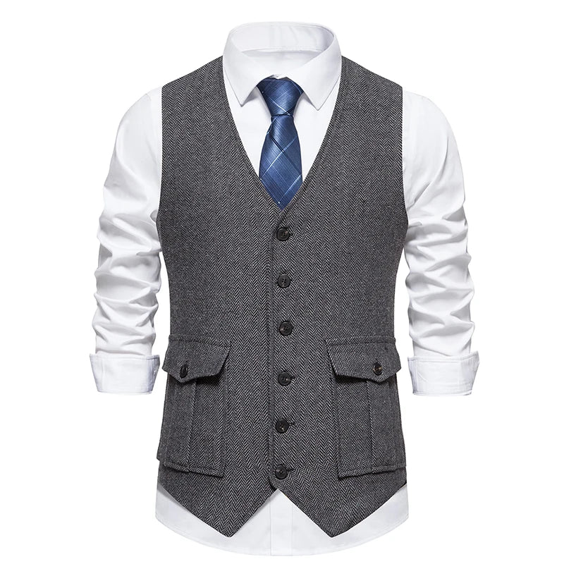 Men Suit Vest Herringbone Fabric Waistcoat Business Wedding Casual Turndown  Collar Men's Dress Blazer Vests Formal Party V07
