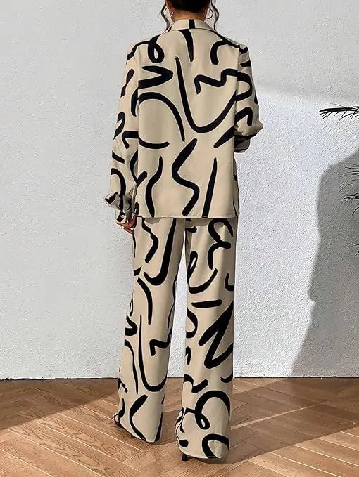 Women Clothing  Autumn New Fashion Print Set Casual Button Collar Shirt Long Sleeved Wide Leg Pants Long Pants Two-piece Set