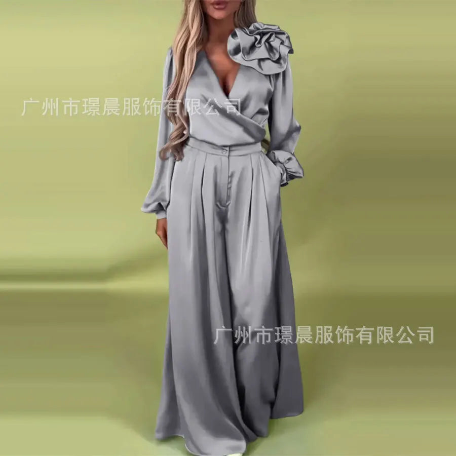 Women Pants Set Elegant 3d Flower Satin Suit For Women V Neck Blouse Wide Leg Casual Loose  Trousers Set Formal Commuting