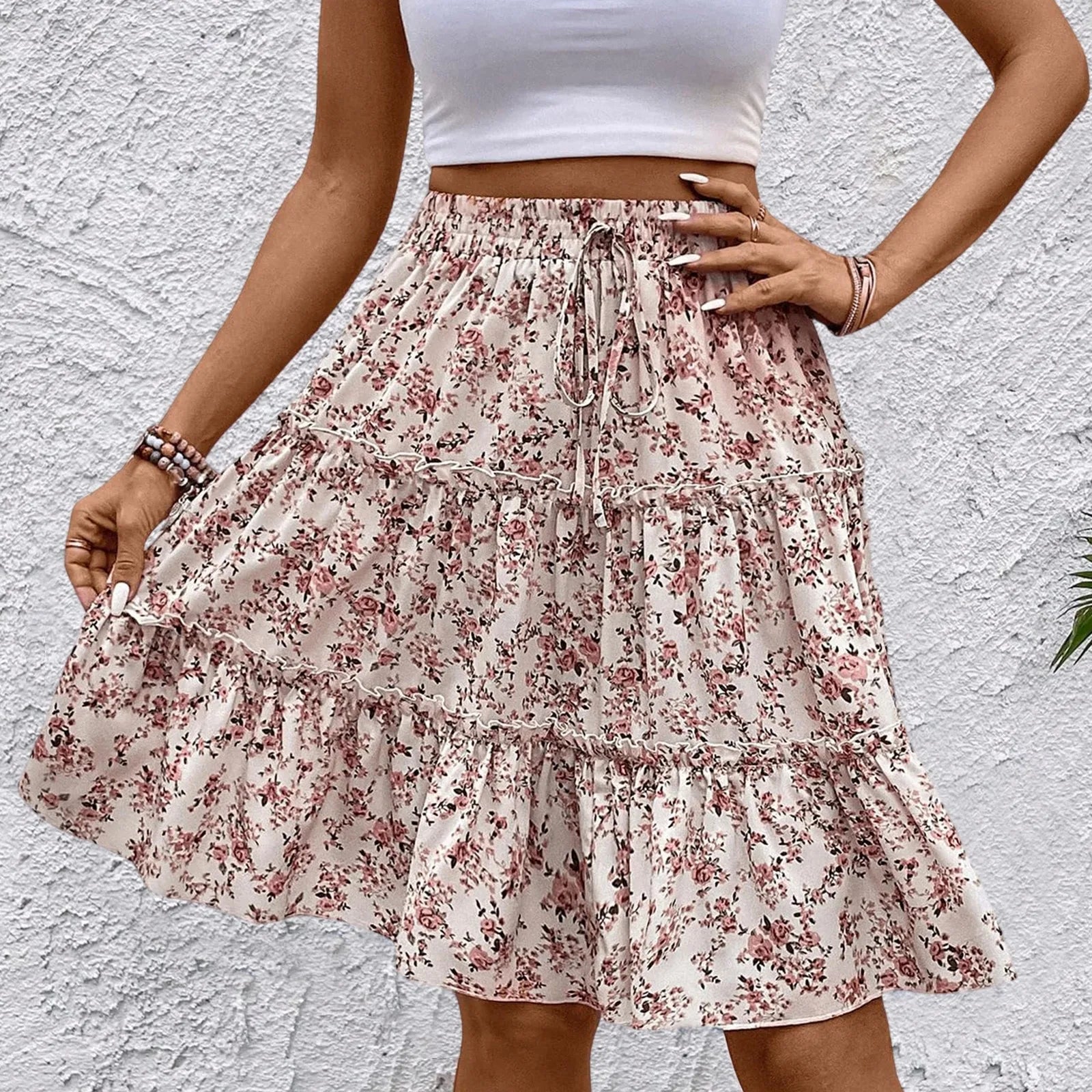 Women's Spliced Cake Skirt Fashionable Floral Print Elastic Waist Strap Versatile Casual Skirts Comfortable knee-length skirt