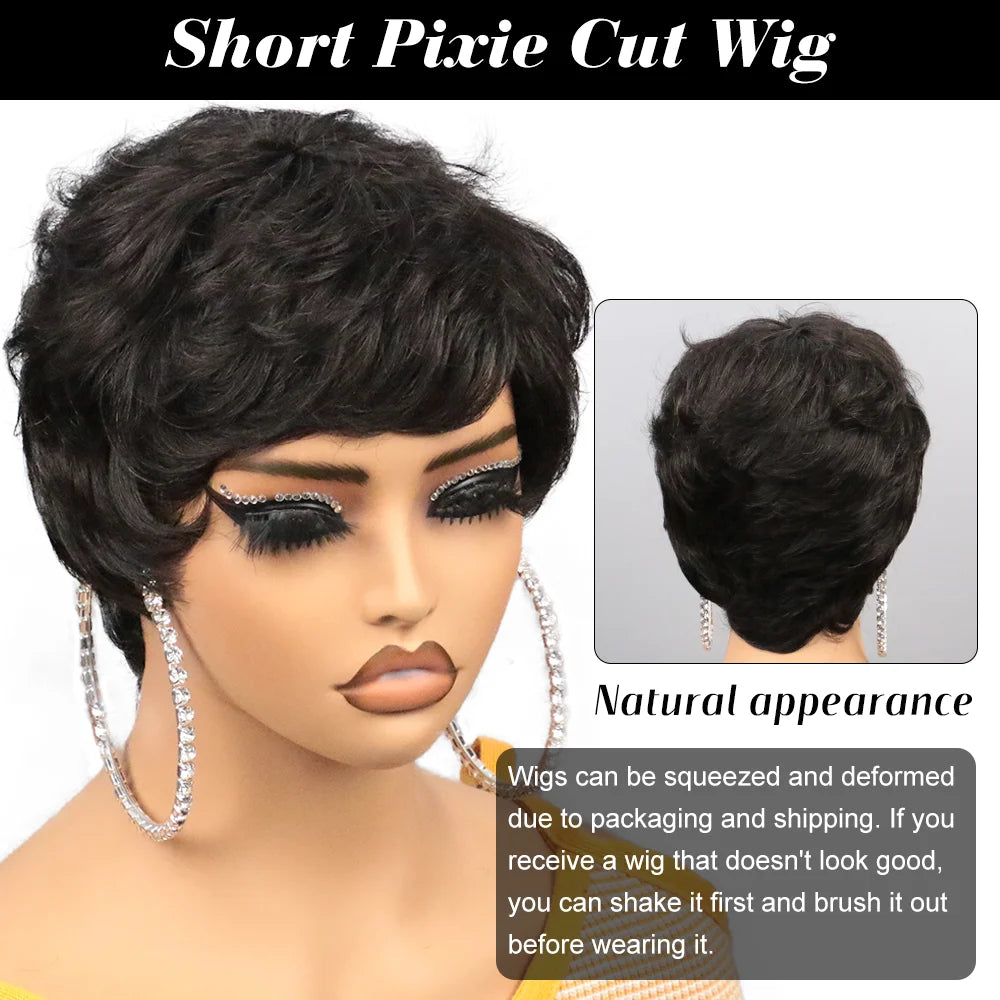 Peluca Bob Corto de Cabello Humano para Mujeres Negras, Pelucas Pixie Cut de Cabello Humano, Peluca Sin Pegamento, Peluca Sin Encaje Frontal con Flequillo, Negro Natural