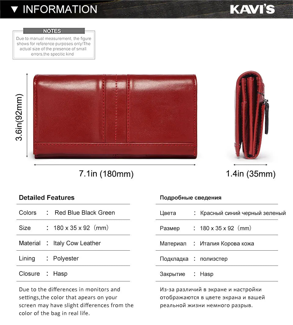 KAVIS Luxury Brand Genuine Leather Wallet for Women Long Clutch with Cell Phone Bag RFID Fashion Red Credit Card Holder Purse