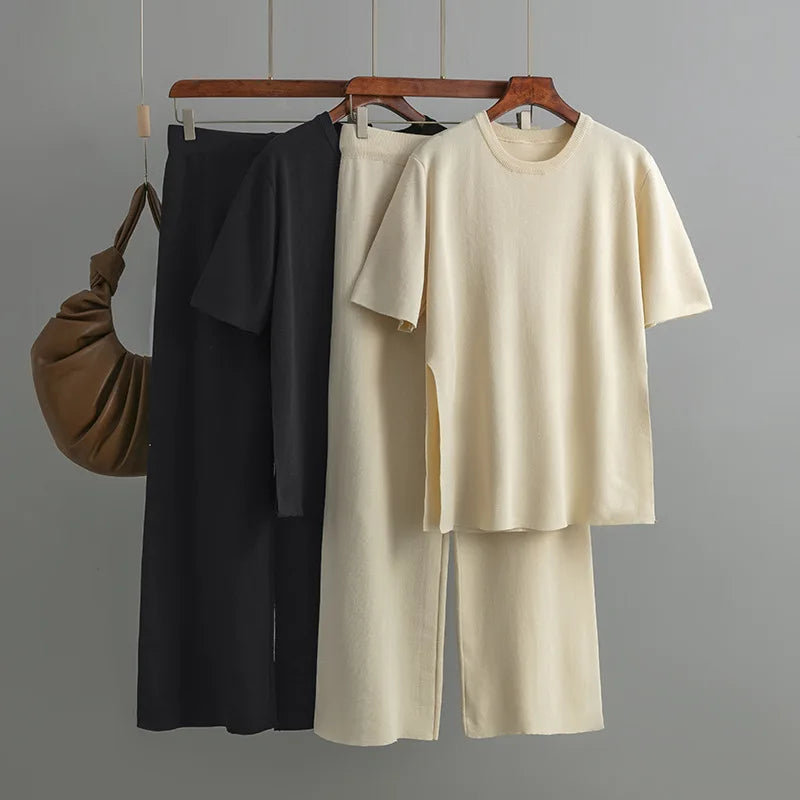 Pants Suit Women V-neck Loose Split Knit Tops Fashion Two-piece High Waist Straight Casual Pants Two Piece Sets Womens Outifits