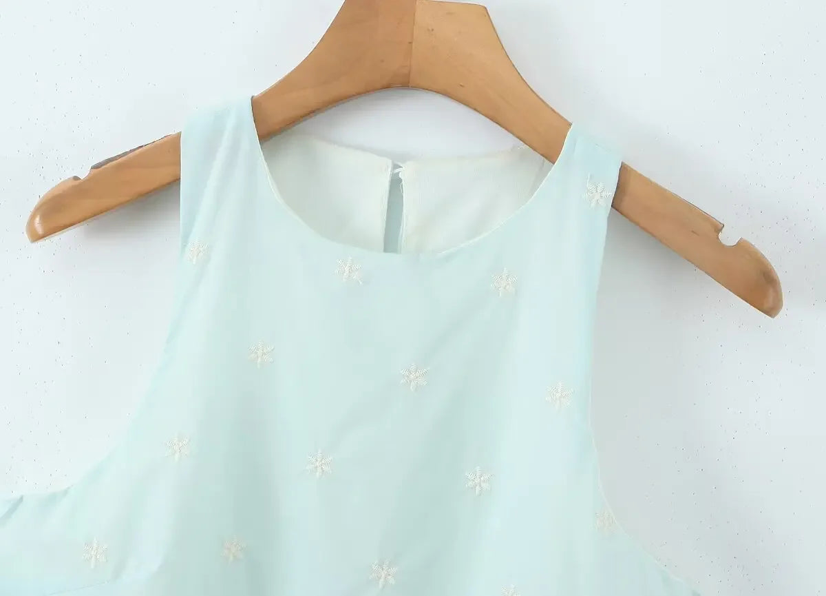 Sleeveless Top Skirt Two Pieces Matching Set for Women Light Blue Vintage Skirt Set French Style Embroidery Cotton Dress Set