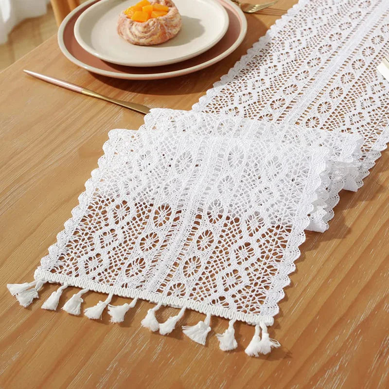 Camino de mesa beige, navideño, de encaje de ganchillo, tela de mezcla de algodón con borlas para la decoración de la mesa de centro y bodas.