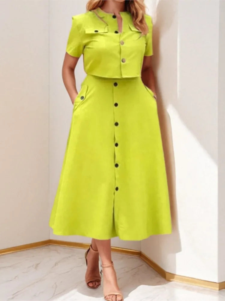 Spring Summer New Women's Clothing Elegant Solid Color Casual Short Top Single Breasted Skirt Fashion Set