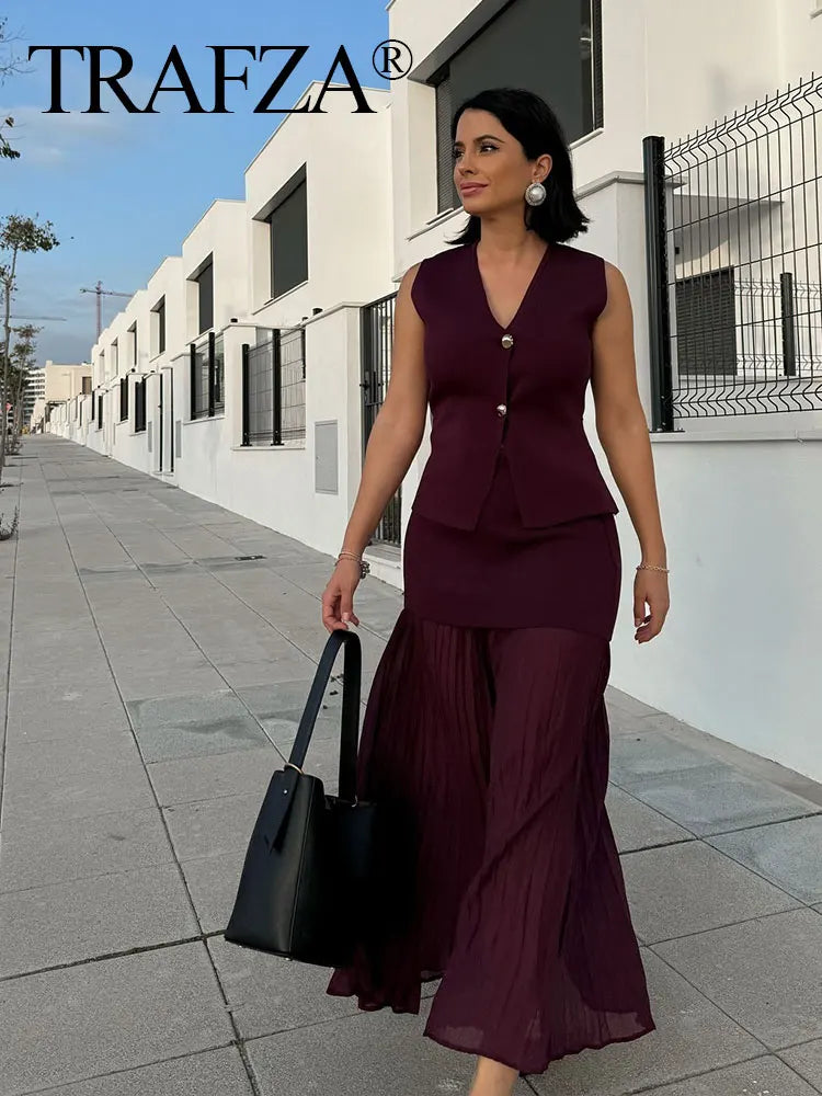 TRAFZA Women Skirt Set Wine Red Knitted V-Neck Sleeveless Slim Vest +Solid High Waist Zipper Patchwork Long Skirt Street