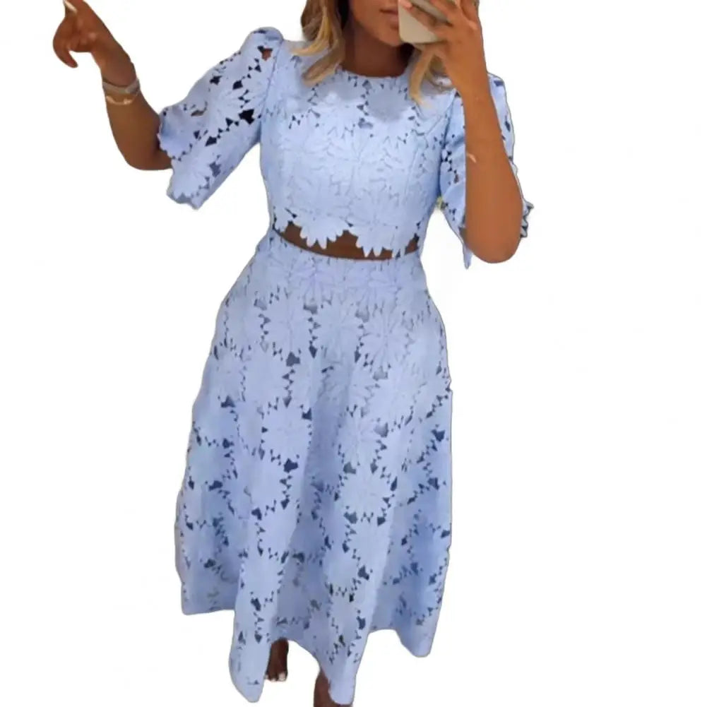Women's 2 Piece Skirt Set Hollow Out Flower Outfits Short Sleeves Round Neck Top High Waisted Maxi Skirt Set Summer Vacation Set