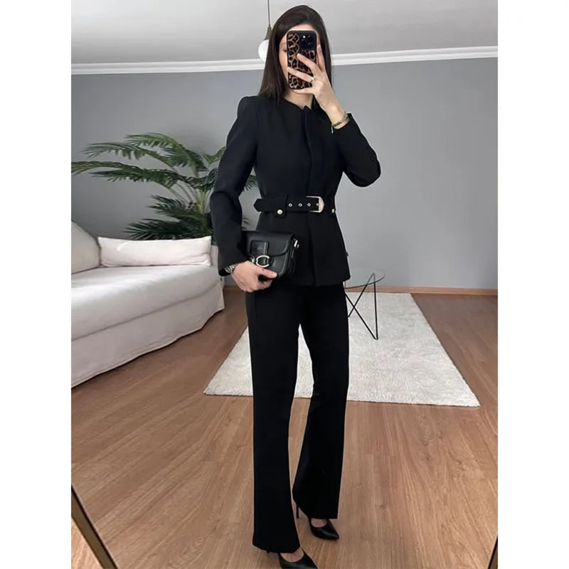 Elegant Women's Trouser Suits Long Sleeve O-Neck Top With Belt Solid Wide Leg Pants Female Suit 2025 Spring 2 Pieces Set Women