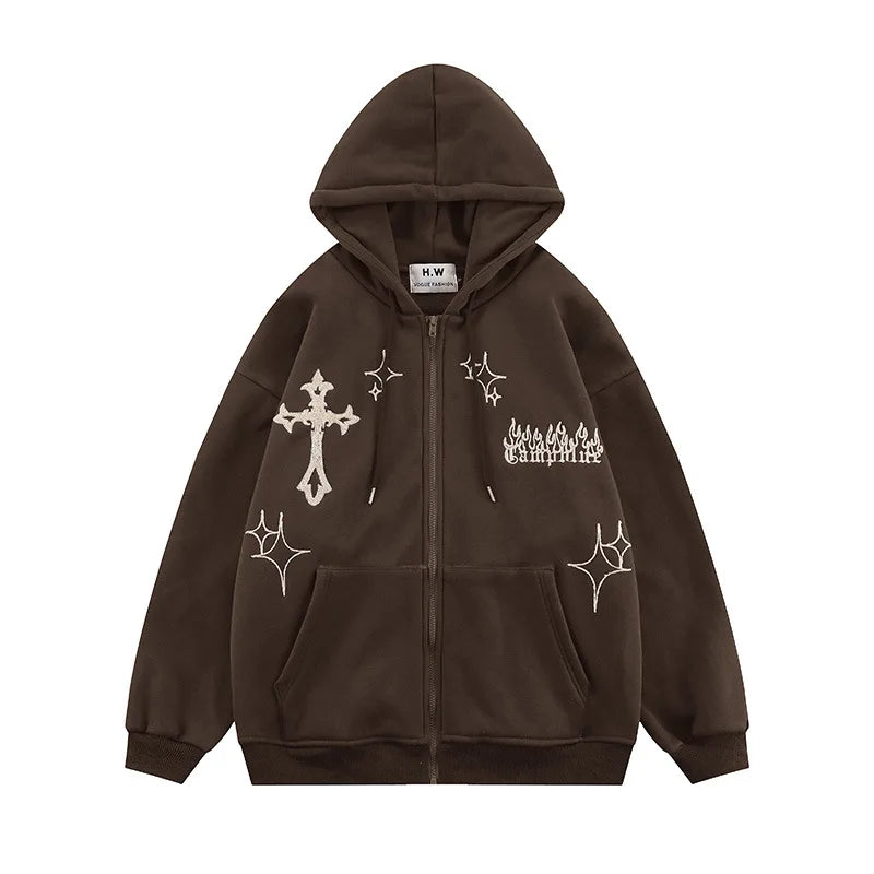 Hooded Sweatshirt Men's Women's Cross Embroidery Couple Trend Street Loose Hoodies for Men Clothing Youth Autumn Spring