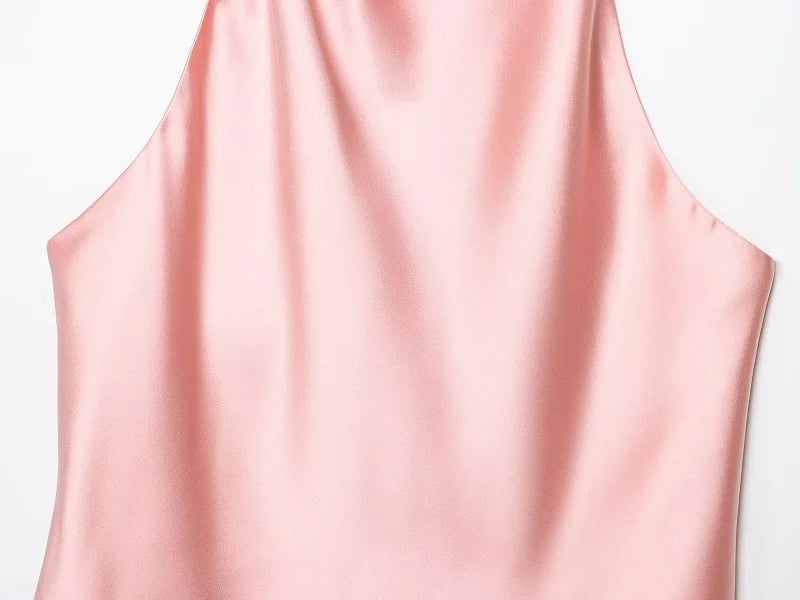 MUJER Halter Tops for Women Black Satin Backless Top Female Pink Summer Beach Top Woman off Shoulder Camisole Top Women