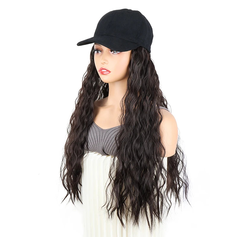 24Inch Synthetic Long Kinky Curly Hat Wig Baseball Cap Adjustable Breathable Hair Extension Wig for Women Easy to Wear