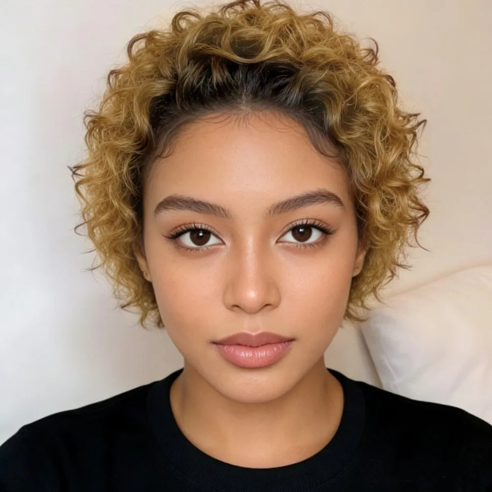 natural look 150% density 6inch 1B27 color 13X1 lace pixie cut human hair wig short curly human hair wig