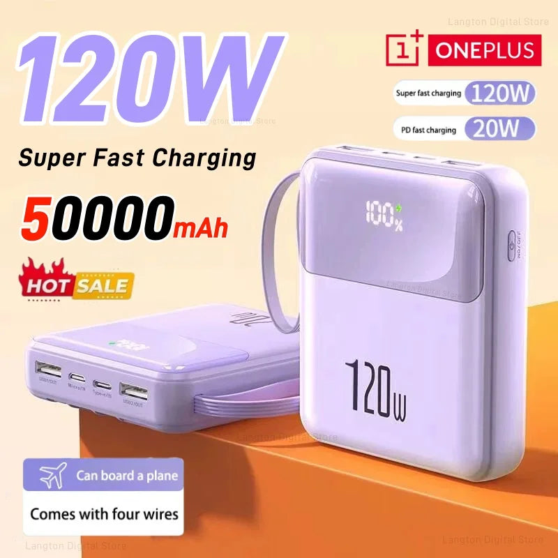 Portable Power Bank 50000mAh 120W Super Fast Charging Mobile External Battery With Four Cable Charger Suitable For iPhone Xiaomi