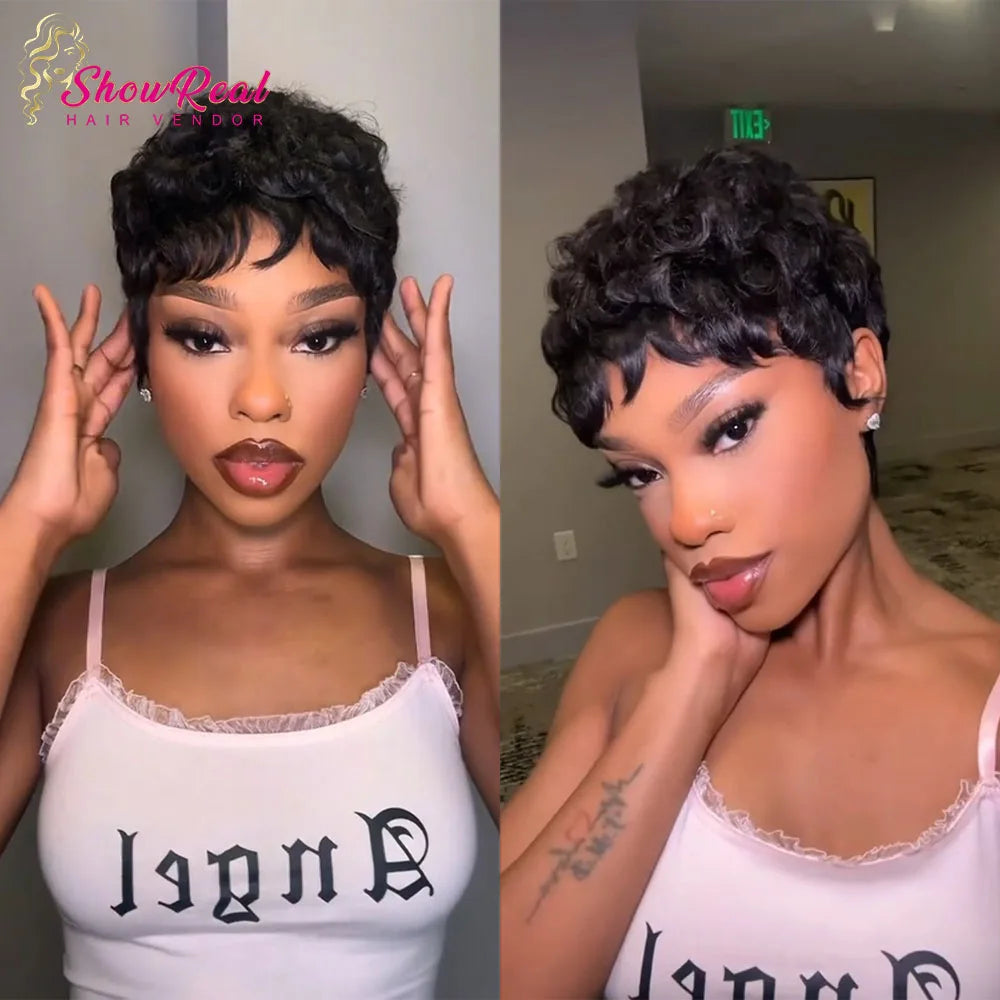 Short Wigs for Women Glueless Pixie Cut Human Hair Wigs With Bangs Natural Black Color Wear and go Breathable Lightweight Wig for Everyday Use