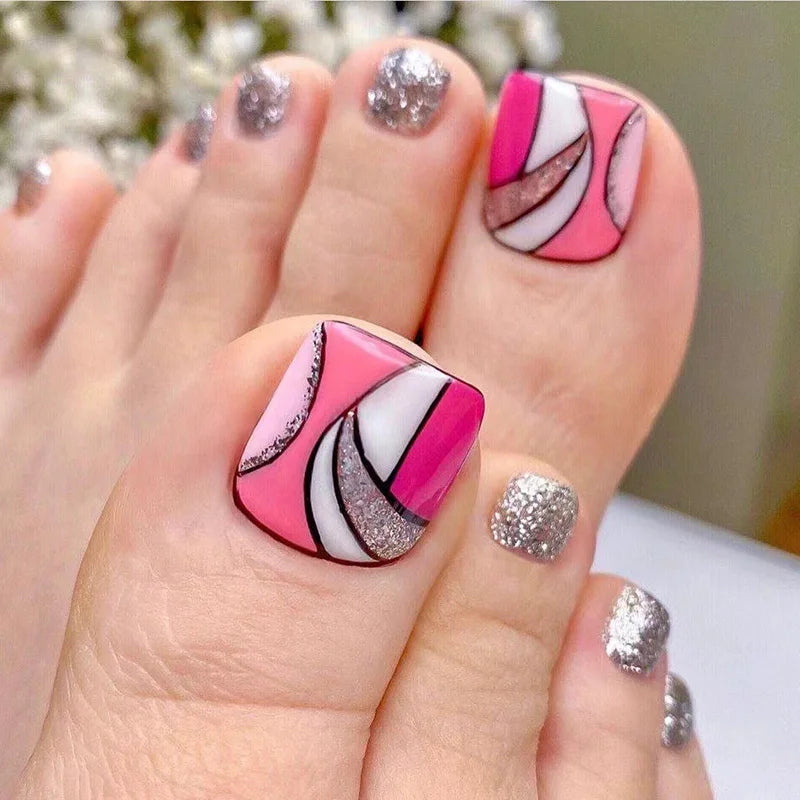Flowers White French Artificial Toenails Nude Pink Toe False Nails with Glue Wearable Short Flat Shape Fake Toenails Wholesale