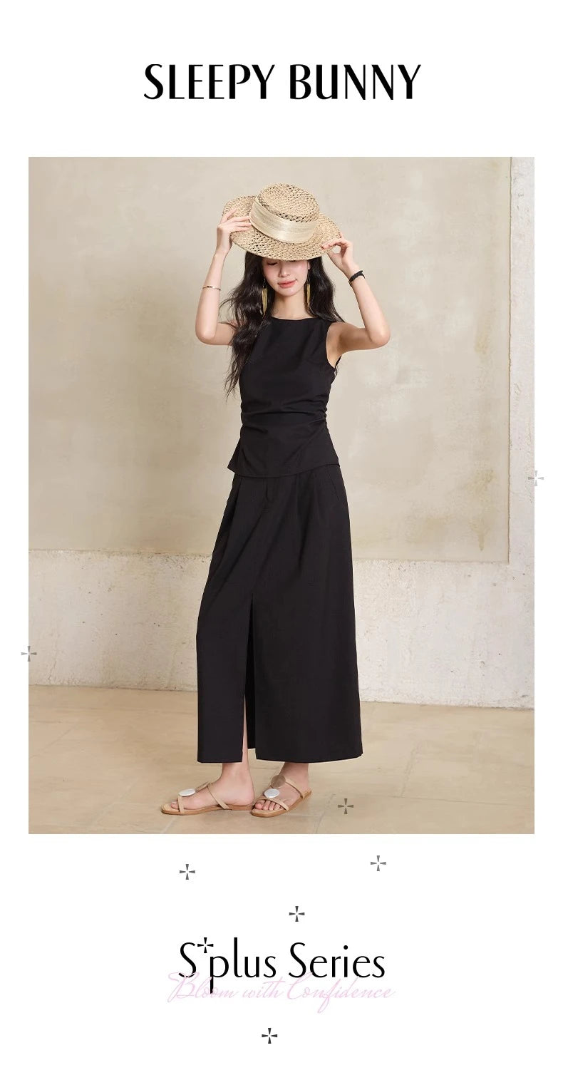 Black Sleeveless Top Skirt Set Women Petite Slim Fit Shirt Split Hem Straight Maxi Skirt Summer Two Piece  Elegant Matching Set