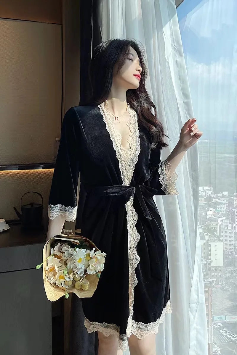 Women's Pajamas Set Sexy Female Winter And Fall Pure Desire Long-sleeved Set Of Velvet With Corset Pads Halter Nightgown Robe