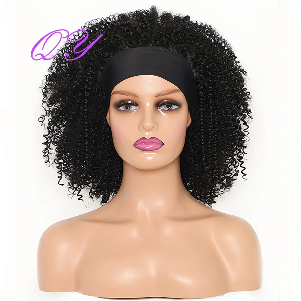 Synthetic Headband Wig Afro Kinky Curly Natural Black Color Turban Wig  For  Women Daily Or Party Use
