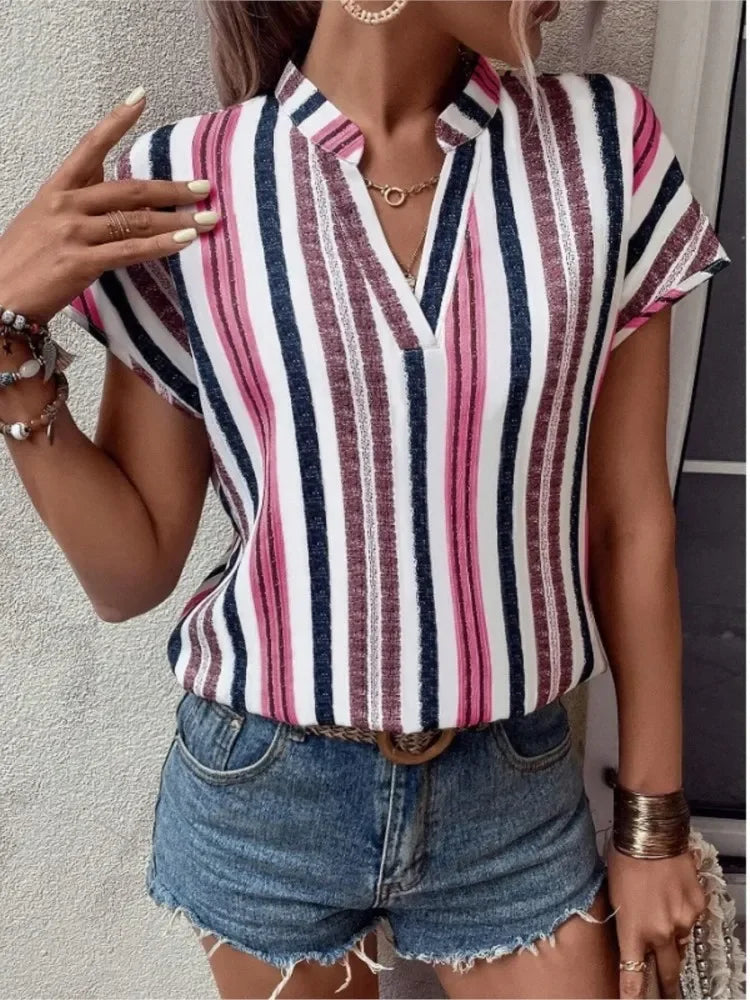 Women's Tops Blouses New Summer Casual Fashion Striped Print V-neck Short Sleeve Shirt Elegant Women Shirts Tops Streetwear