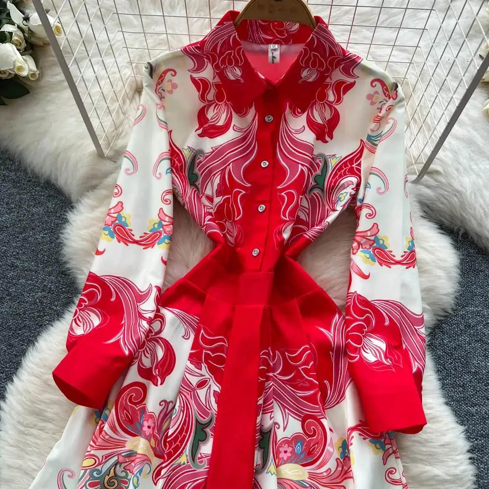 Fashion High-End Feeling Gown Dress Elegant European Court Style Long Printed Slimming New Women's Design Sensation Retro Summer