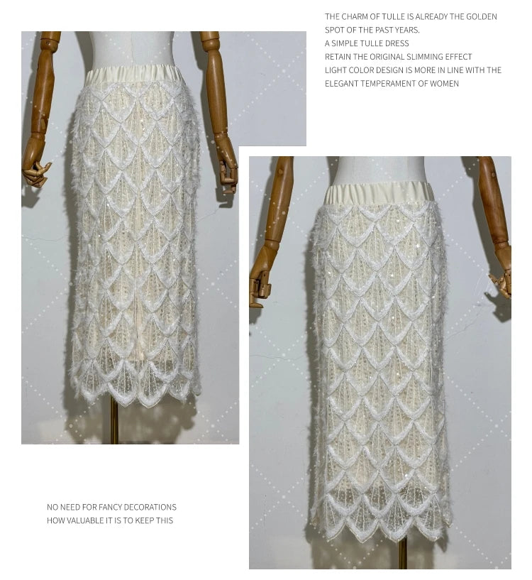 High-end Fashion Beaded Sequined Skirt Set 2025 Spring New Long-sleeved T-shirt Top High Waist Slim-fit Hip Skirt 2-piece Set