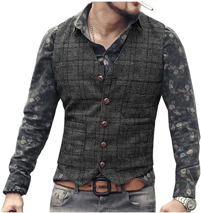Mens Vintage Business Vest Plaid Classic Coat Tweed Slim Fit Formal Waistcoat for Wedding Groomsmen