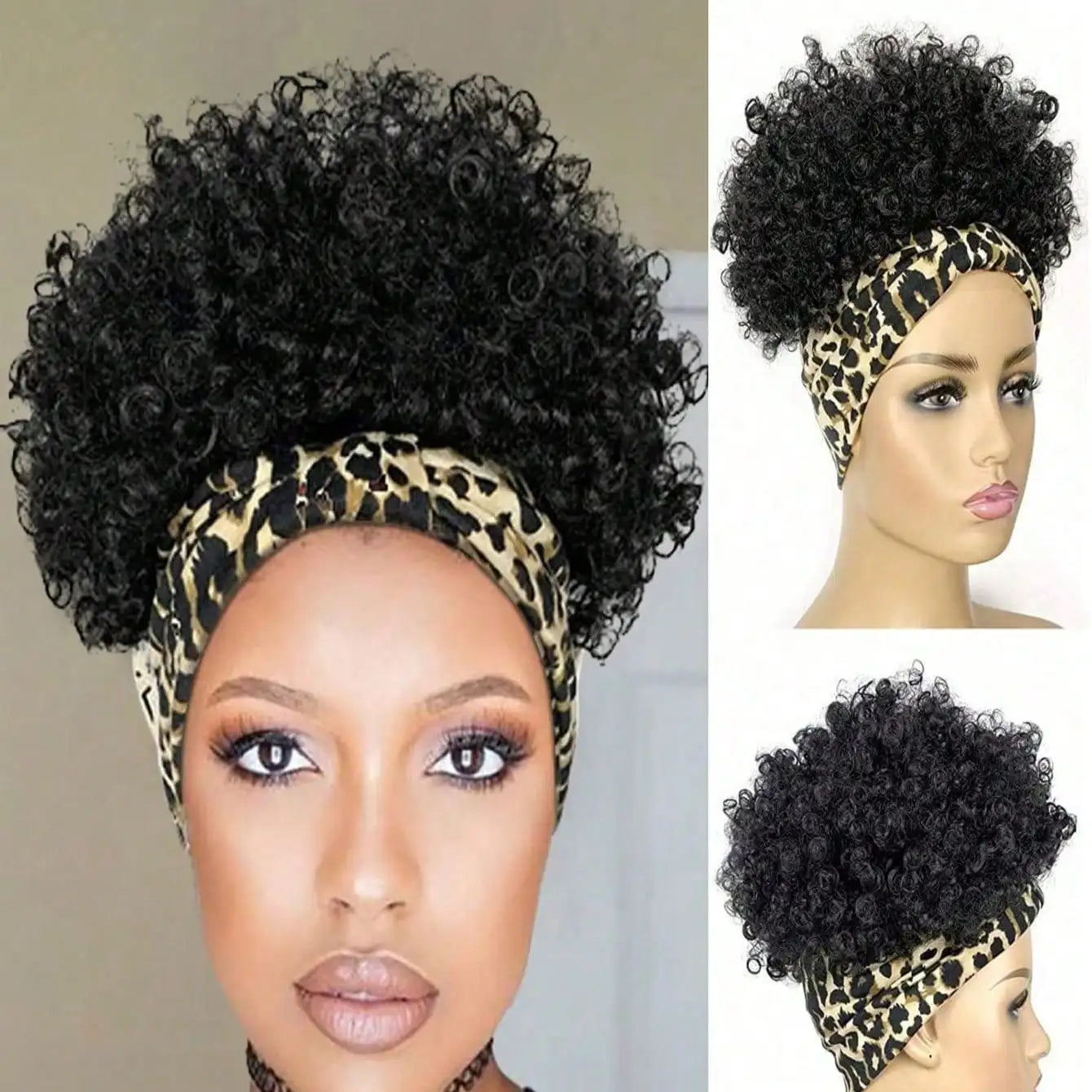 Women Afro Kinky Curly Wig With Synthetic Short Hair Wigs With Headband Attached Headwrap Wigs Kinky Curly Headband Wig
