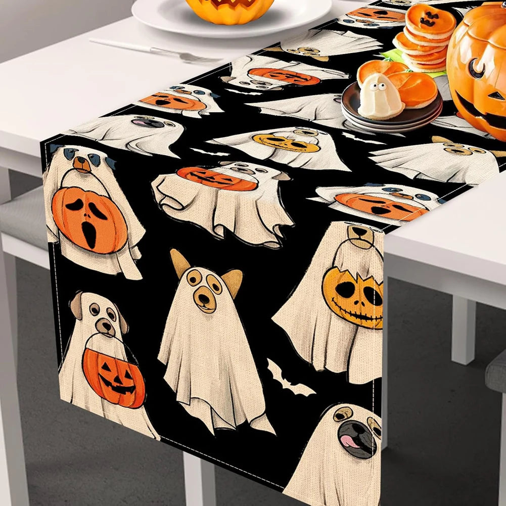 Halloween Spooky Ghost Dog Table Runner Jack O Lantern Pumpkin Bat Pumpkin Ghost Table Runner Indoor Outdoor Home Party Decor