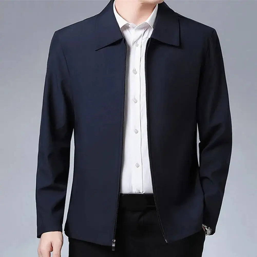 Men Jacket Elegant Mid-aged Men's Lapel Jacket with Zipper Closure Pockets for Formal Business Casual Wear in Spring Fall Solid